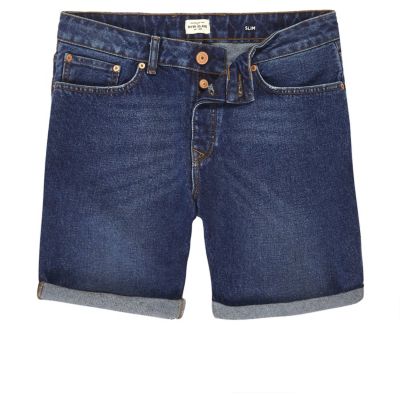 Dark blue wash slim fit denim shorts